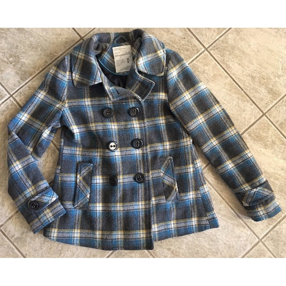 Women's Aeropostale Wool Coat Peacoat Teal and Gray Plaid Size Medium